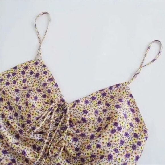 ZARA Purple Yellow Floral Ruched Draped Satin Effect Mini Tank Dress - Picture 2 of 8